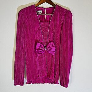 Patra Vintage Pleated Bowtie Rhinestones Pink Blouse Top size 8 USA
